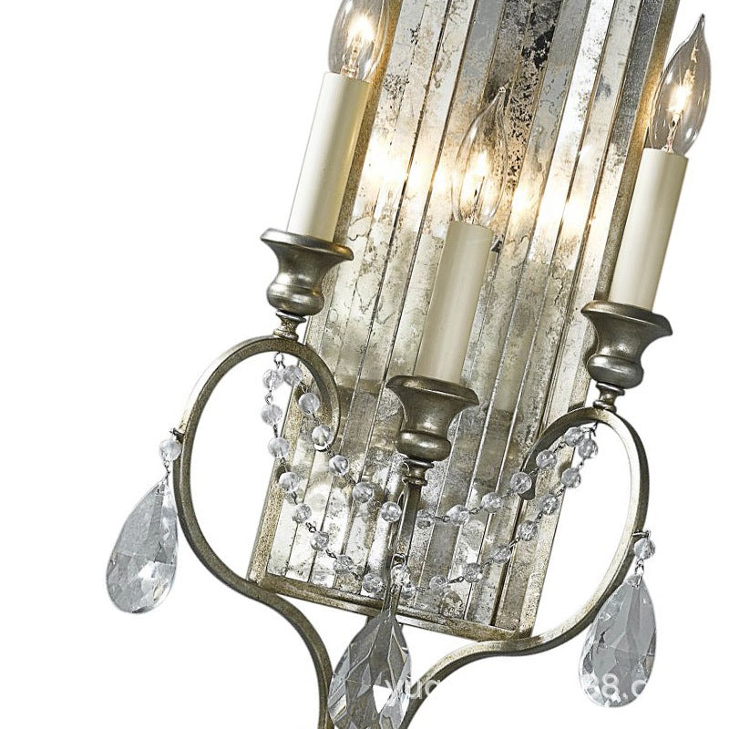 Country Metal 3-Light Silver Candelabrum Sconce: Bedroom Wall Mount Lighting With Crystal Drop