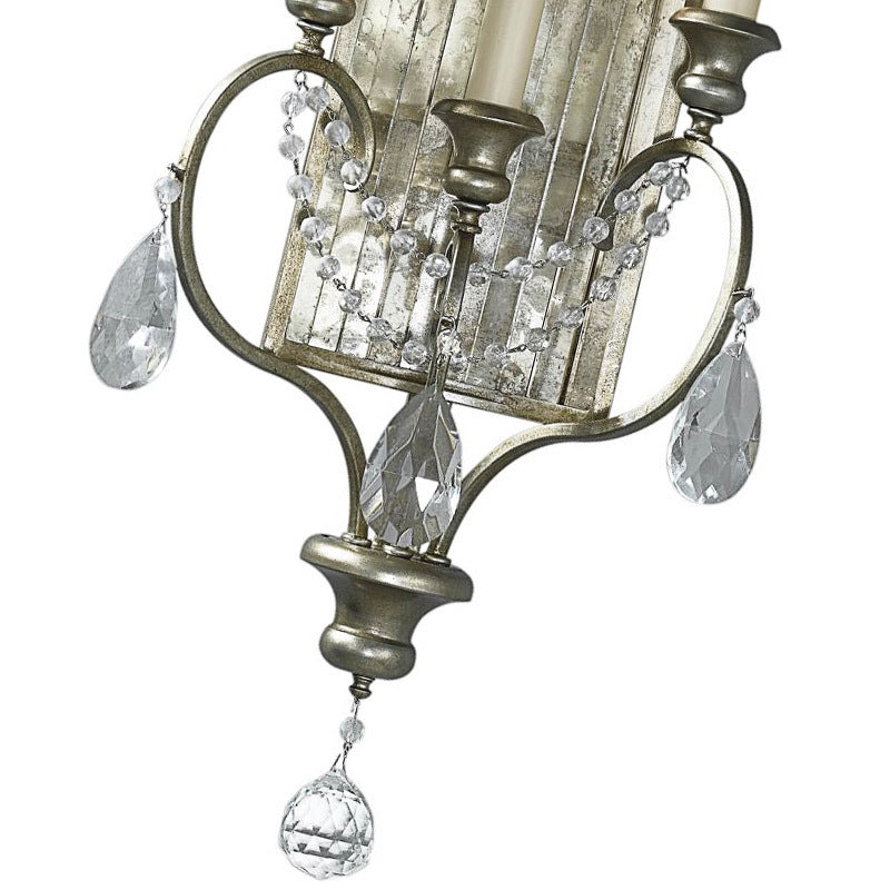 Country Metal 3-Light Silver Candelabrum Sconce: Bedroom Wall Mount Lighting With Crystal Drop