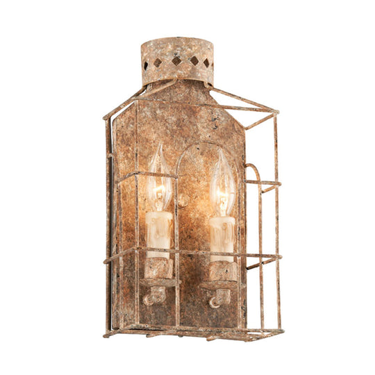 Rustic Metal Wall Mounted Light Fixture With Country Candle Sconce 2-Bulb Cage Design For Indoor