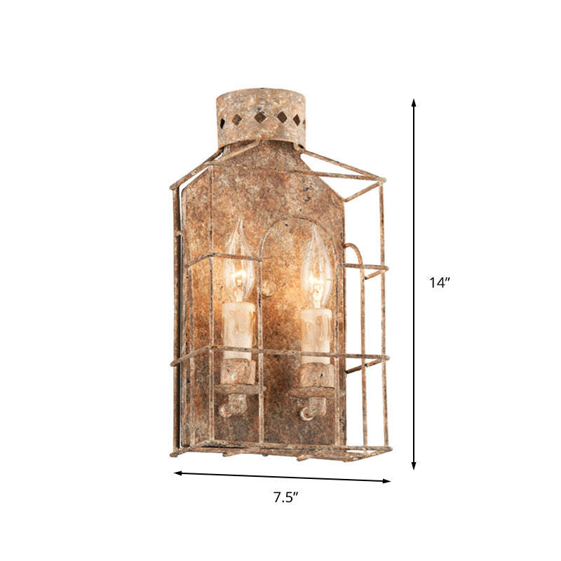 Rustic Metal Wall Mounted Light Fixture With Country Candle Sconce 2-Bulb Cage Design For Indoor