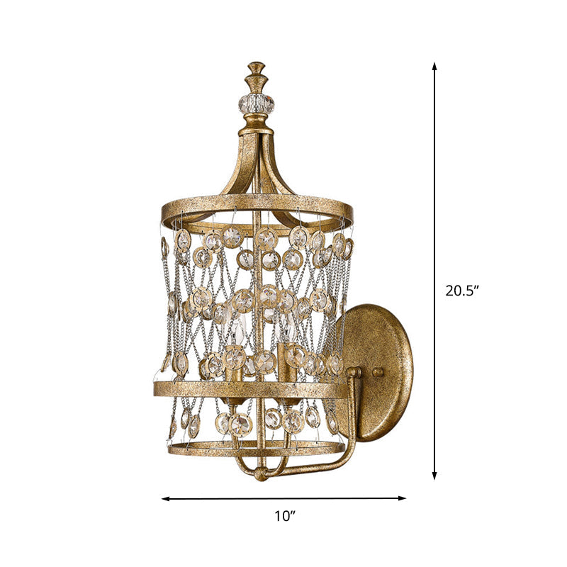 Country Style Brass Crystal Wall Sconce Lamp 2 Light Cascading Fixture For Bedroom