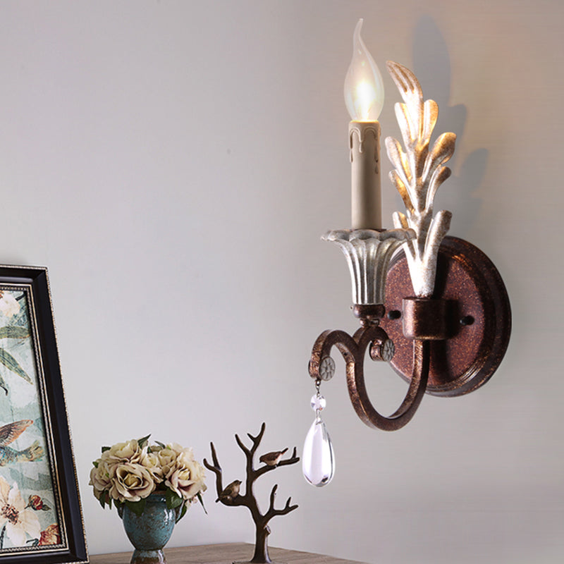 Vintage Metal Rust Sconce Lamp With Exposed Bulb And Crystal Drop - 1-Light Wall Mounted Lighting