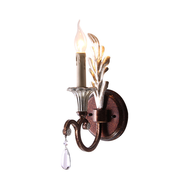 Vintage Metal Rust Sconce Lamp With Exposed Bulb And Crystal Drop - 1-Light Wall Mounted Lighting