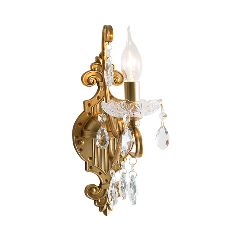 Vintage Gold Candle Wall Sconce With Crystal Draping - Elegant 1/2 Light Metal Fixture For Living