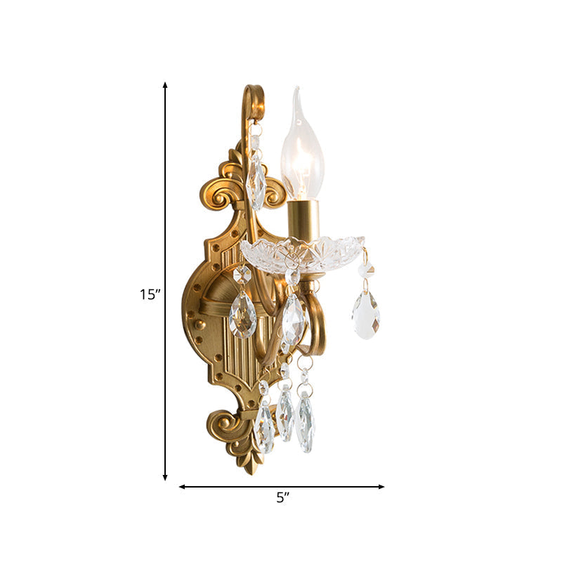 Vintage Gold Candle Wall Sconce With Crystal Draping - Elegant 1/2 Light Metal Fixture For Living