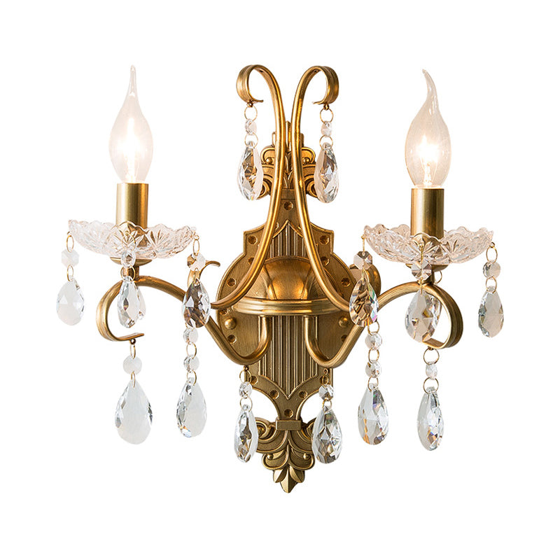 Vintage Gold Candle Wall Sconce With Crystal Draping - Elegant 1/2 Light Metal Fixture For Living