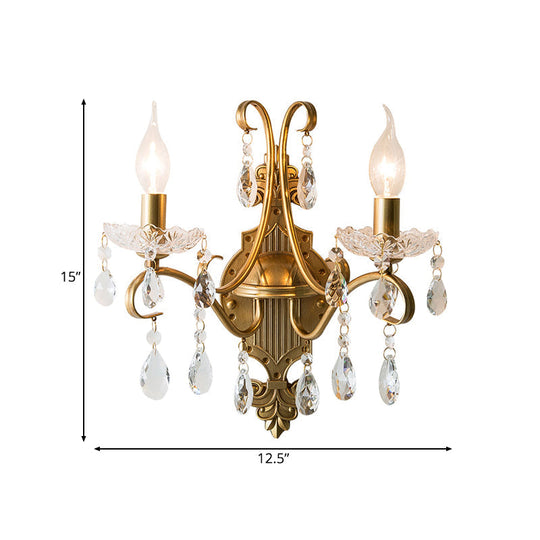 Vintage Gold Candle Wall Sconce With Crystal Draping - Elegant 1/2 Light Metal Fixture For Living