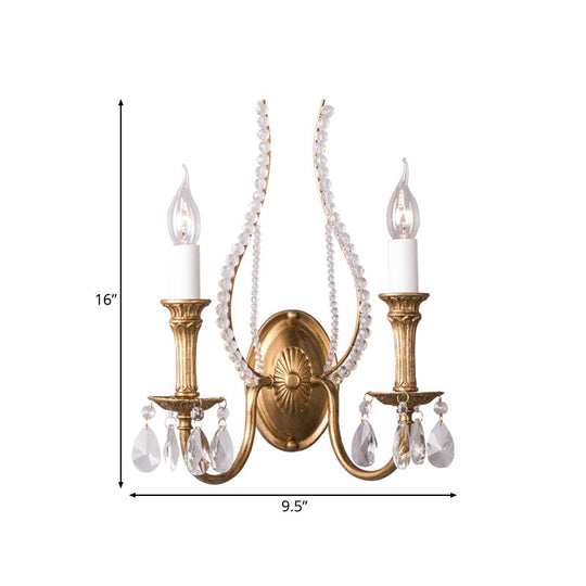 Gold Metal Country Wall Lamp With Crystal Accents - 2 Lights Sconce