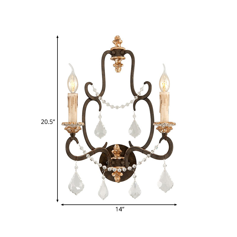 Rustic Metal Candle Wall Sconce Light With Clear Crystal Accents - Black 2 Lights Ideal For Living