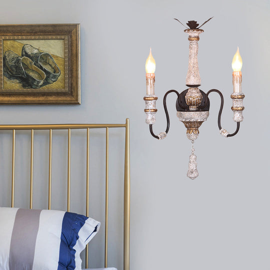 Antique Style Solid Wood 2-Light Candle Sconce Lamp - Bedroom Wall Mounted Lighting (White)