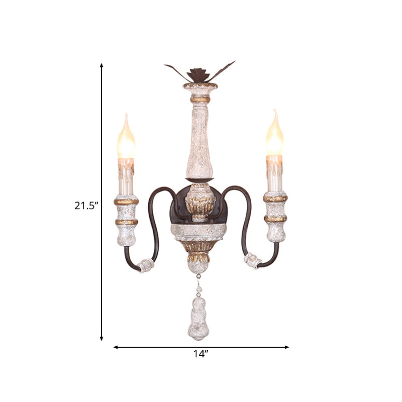 Antique Style Solid Wood 2-Light Candle Sconce Lamp - Bedroom Wall Mounted Lighting (White)