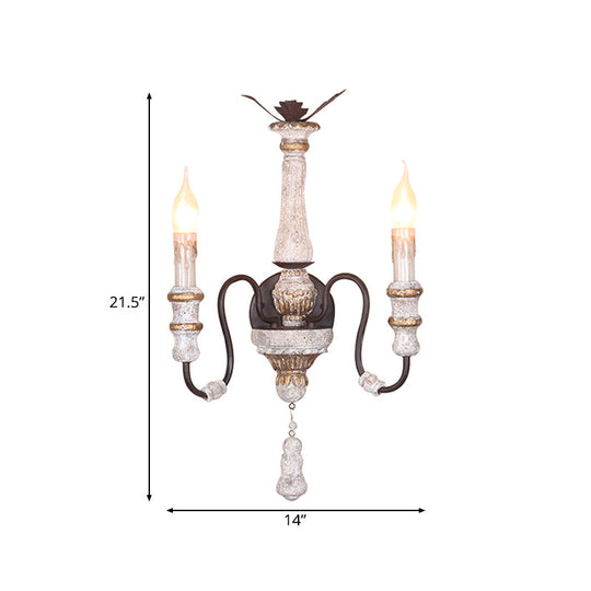 Antique Style Solid Wood 2-Light Candle Sconce Lamp - Bedroom Wall Mounted Lighting (White)