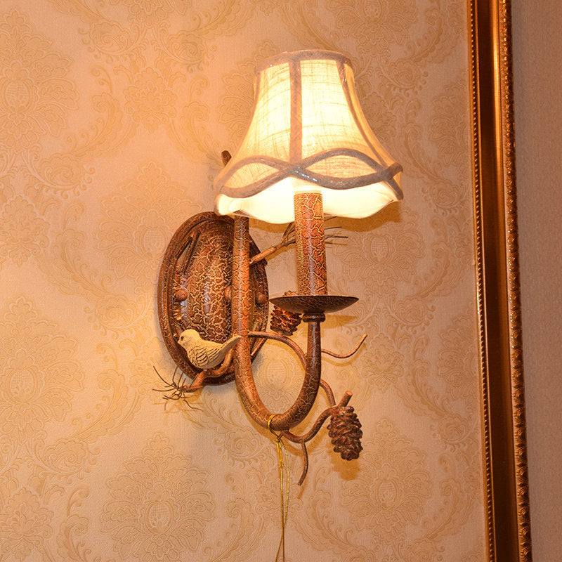 Traditional Fabric Bell Wall Sconce With 1/2 Lights - Brown Bedroom Lighting Fixture 1 /