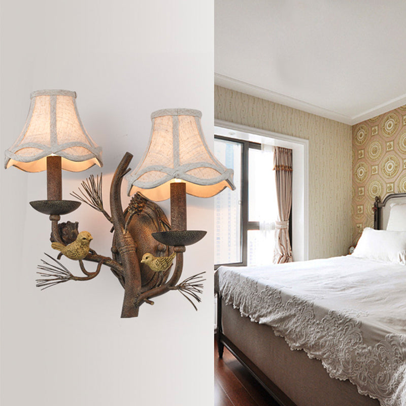 Traditional Fabric Bell Wall Sconce With 1/2 Lights - Brown Bedroom Lighting Fixture 2 /