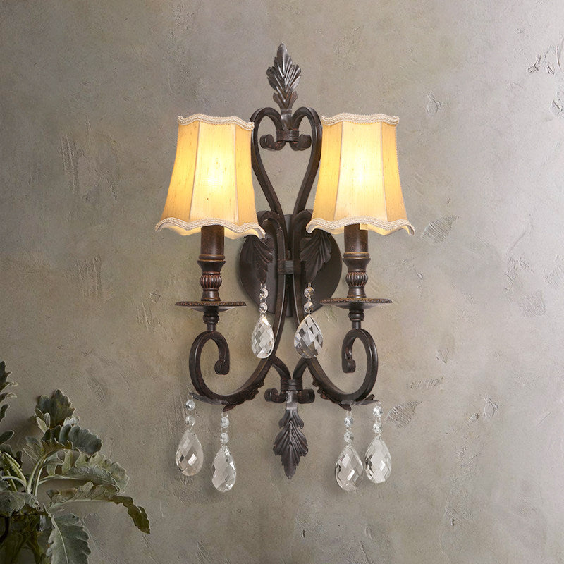 Traditional Rust Scalloped Sconce: Metal 2-Light Wall Mount With Fabric Shade & Crystal Accents