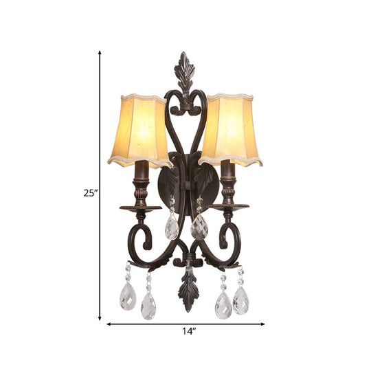 Traditional Rust Scalloped Sconce: Metal 2-Light Wall Mount With Fabric Shade & Crystal Accents