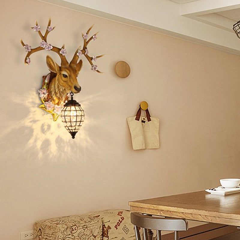 Country Style Deer Wall Sconce With Crystal Shade White/Yellow/Brown Resin Light Fixture