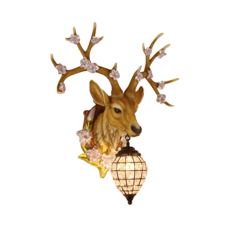 Country Style Deer Wall Sconce With Crystal Shade White/Yellow/Brown Resin Light Fixture