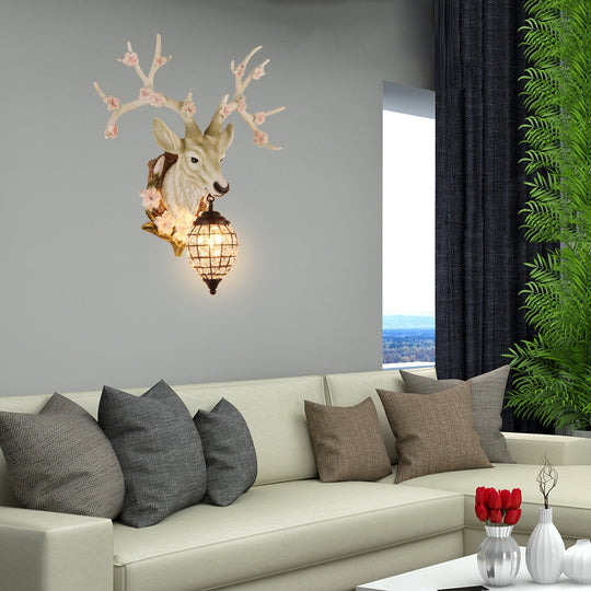 Country Style Deer Wall Sconce With Crystal Shade White/Yellow/Brown Resin Light Fixture