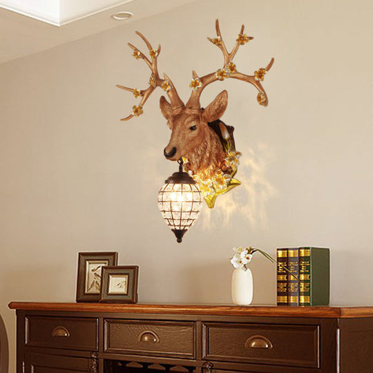 Country Style Deer Wall Sconce With Crystal Shade White/Yellow/Brown Resin Light Fixture