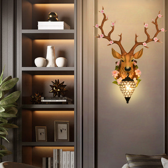 Traditional Resin Deer Wall Sconce Light With Teardrop Crystal Shade - White/Yellow 1 16.5/23 W