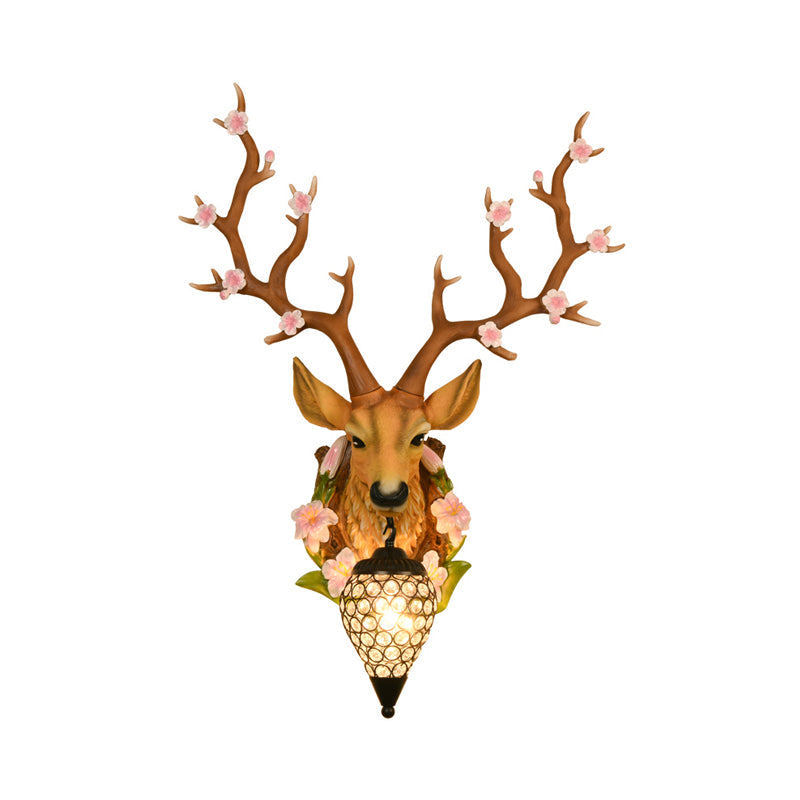 Traditional Resin Deer Wall Sconce Light With Teardrop Crystal Shade - White/Yellow 1 16.5/23 W