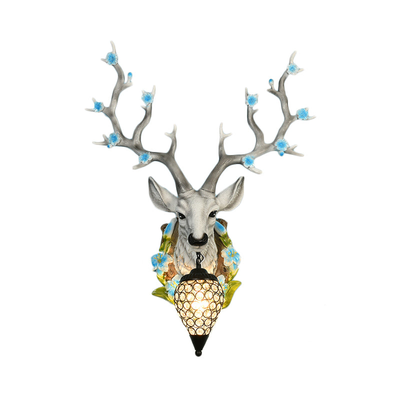 Traditional Resin Deer Wall Sconce Light With Teardrop Crystal Shade - White/Yellow 1 16.5/23 W