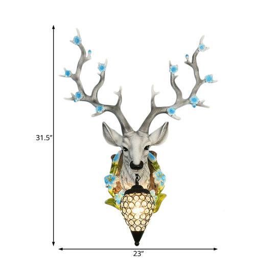 Traditional Resin Deer Wall Sconce Light With Teardrop Crystal Shade - White/Yellow 1 16.5/23 W