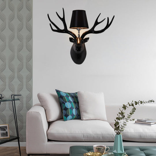 Country Deer Wall Sconce With Fabric Shade - Black/Matte Black/White