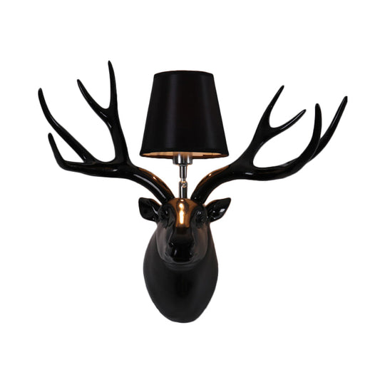 Country Deer Wall Sconce With Fabric Shade - Black/Matte Black/White