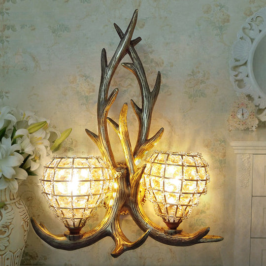 Country Resin Antler Wall Lighting 2-Light Sconce In Brown/Gold With Crystal Shade Gold