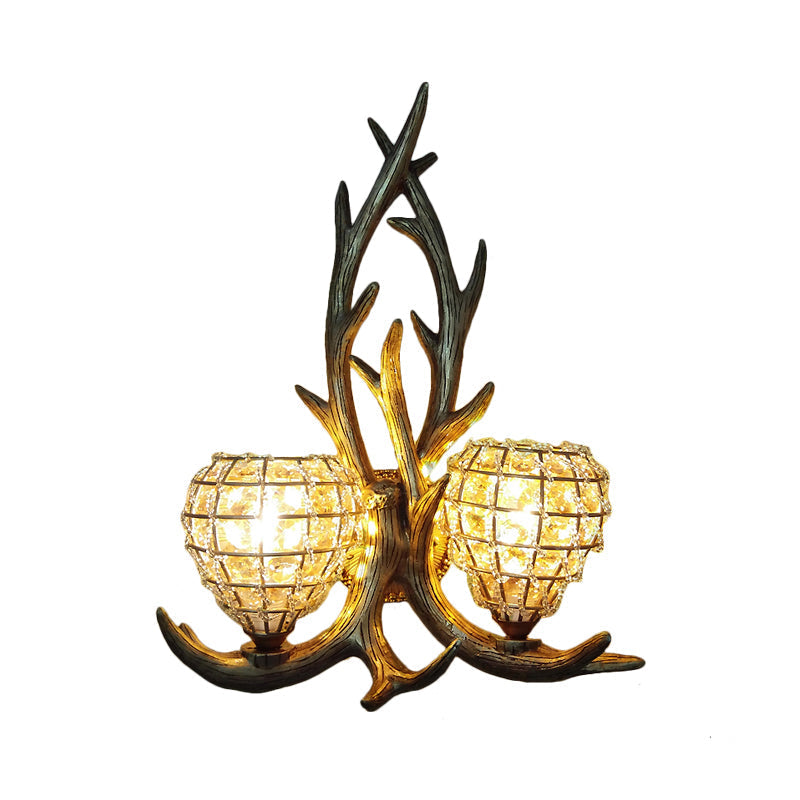 Country Resin Antler Wall Lighting 2-Light Sconce In Brown/Gold With Crystal Shade