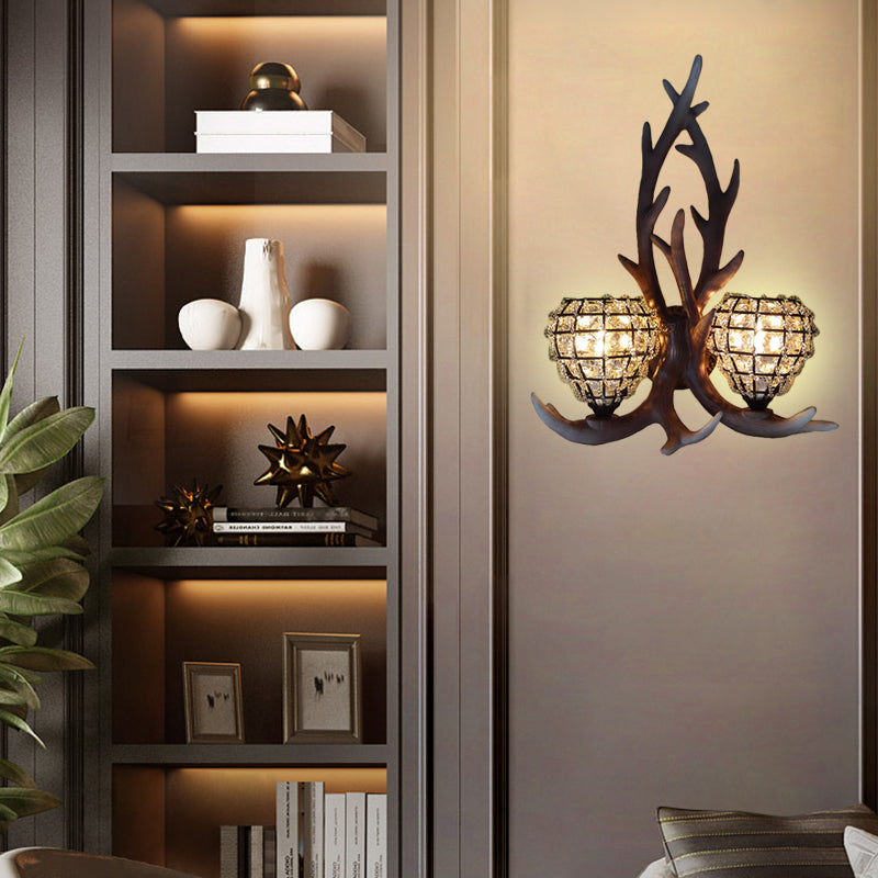 Country Resin Antler Wall Lighting 2-Light Sconce In Brown/Gold With Crystal Shade Brown