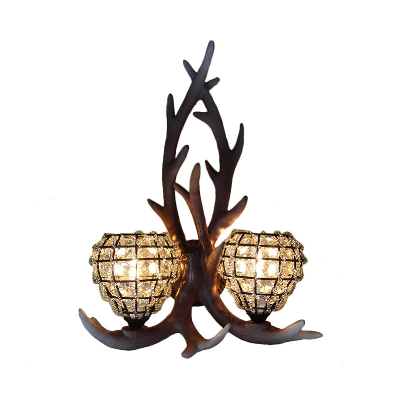 Country Resin Antler Wall Lighting 2-Light Sconce In Brown/Gold With Crystal Shade