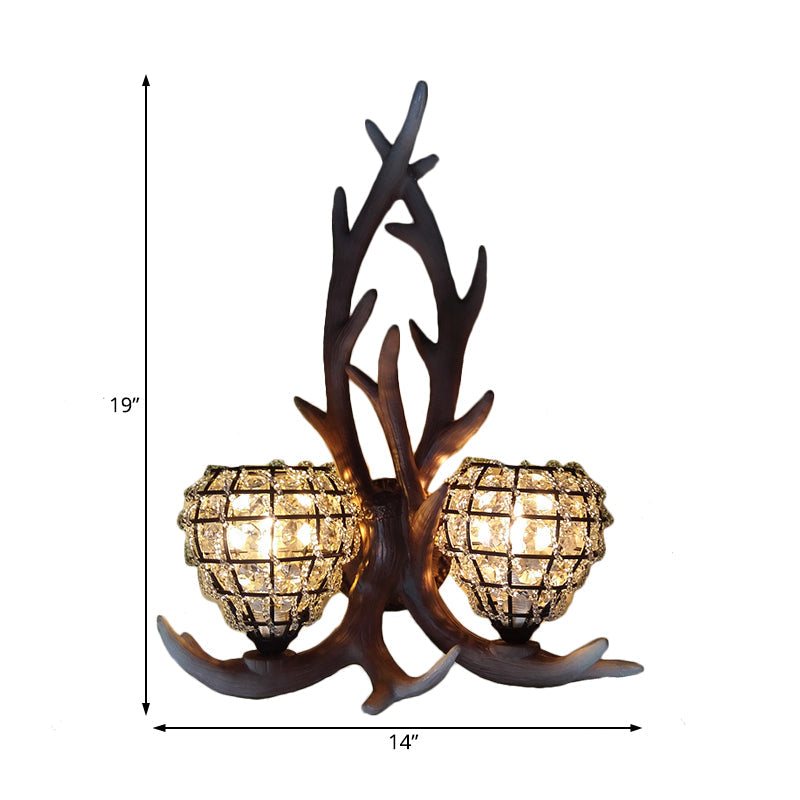 Country Resin Antler Wall Lighting 2-Light Sconce In Brown/Gold With Crystal Shade