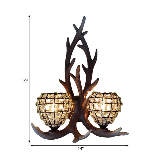 Country Resin Antler Wall Lighting 2-Light Sconce In Brown/Gold With Crystal Shade