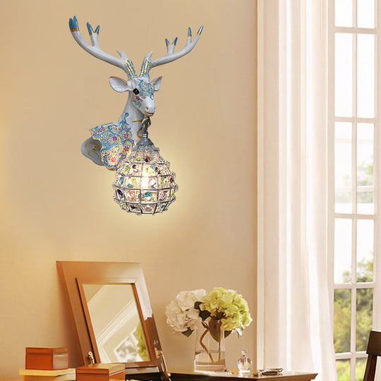 Deer Sconce 1-Light Resin Wall Mount Lighting In Black/Pink/Yellow With Crystal Shade - Bedroom