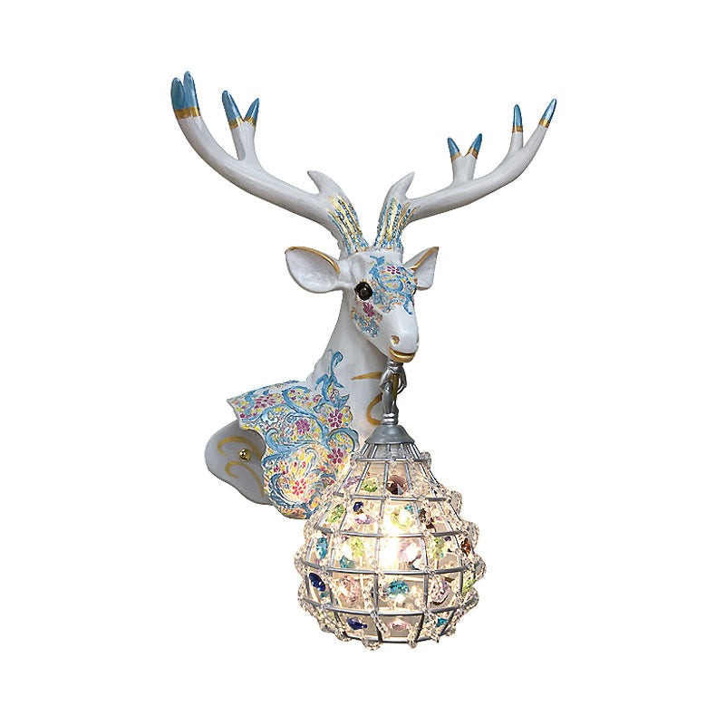 Deer Sconce 1-Light Resin Wall Mount Lighting In Black/Pink/Yellow With Crystal Shade - Bedroom