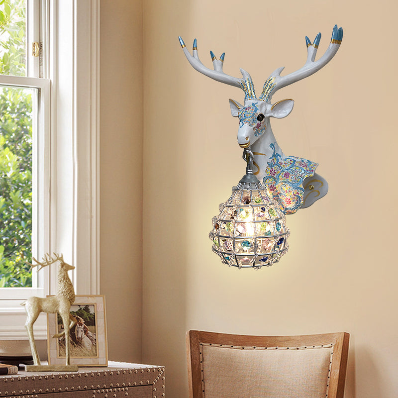 Deer Sconce 1-Light Resin Wall Mount Lighting In Black/Pink/Yellow With Crystal Shade - Bedroom