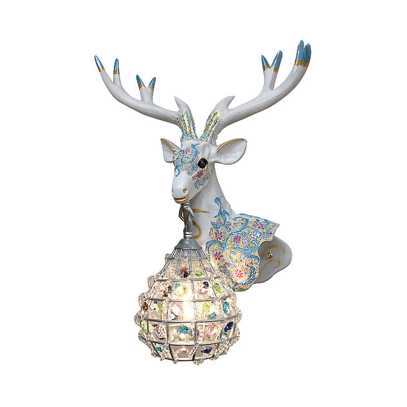 Deer Sconce 1-Light Resin Wall Mount Lighting In Black/Pink/Yellow With Crystal Shade - Bedroom