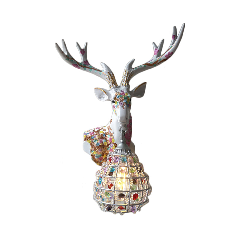 Deer Sconce 1-Light Resin Wall Mount Lighting In Black/Pink/Yellow With Crystal Shade - Bedroom