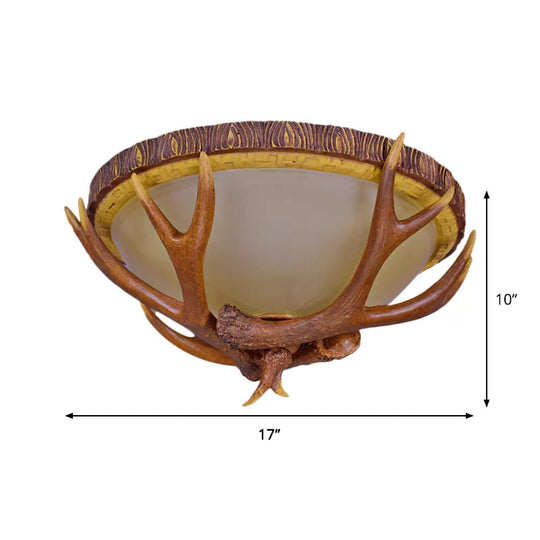 Farmhouse Brown Frosted Glass Ceiling Light With Antler Deco - 3-Light Dome Flush Mount Fixture