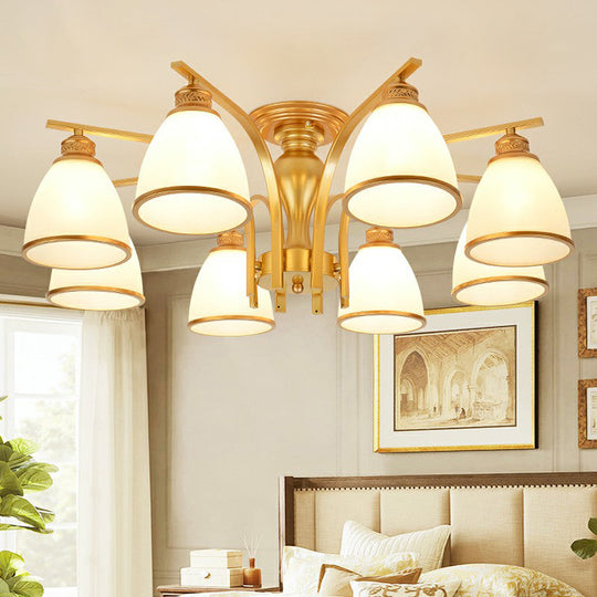 Gold Finish Bell Chandelier with Opal Glass, Ceiling Mounted Light for Traditional Bedroom Décor