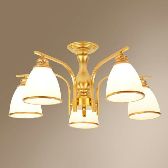 Gold Finish Bell Chandelier With Opal Glass Ceiling Mounted Light For Traditional Bedroom Décor 5 /