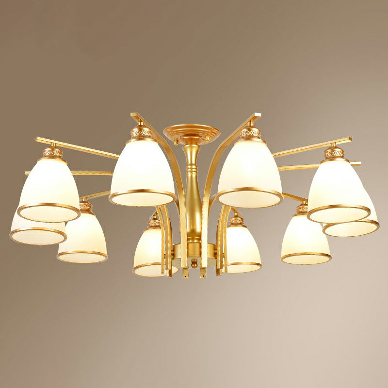 Gold Finish Bell Chandelier With Opal Glass Ceiling Mounted Light For Traditional Bedroom Décor 10 /