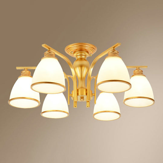 Gold Finish Bell Chandelier With Opal Glass Ceiling Mounted Light For Traditional Bedroom Décor 6 /