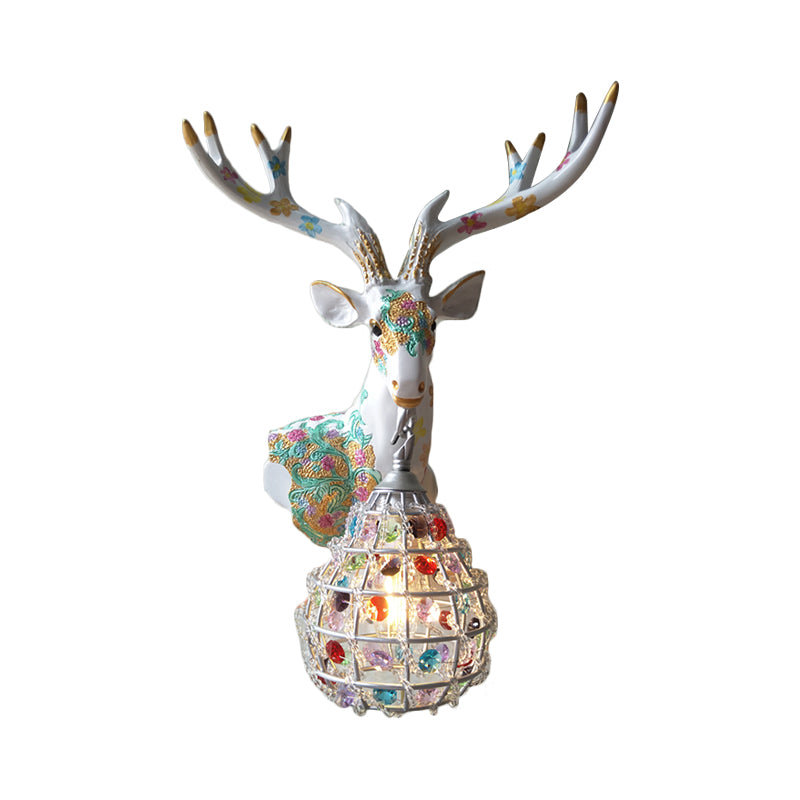 Deer Sconce 1-Light Resin Wall Mount Lighting In Black/Pink/Yellow With Crystal Shade - Bedroom