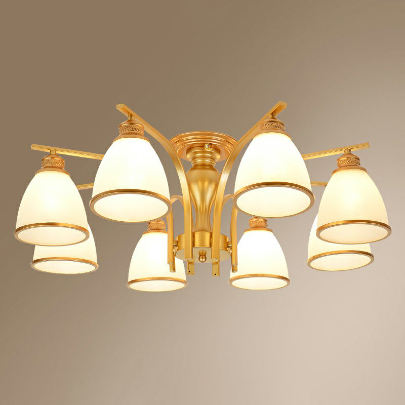 Gold Finish Bell Chandelier With Opal Glass Ceiling Mounted Light For Traditional Bedroom Décor 8 /