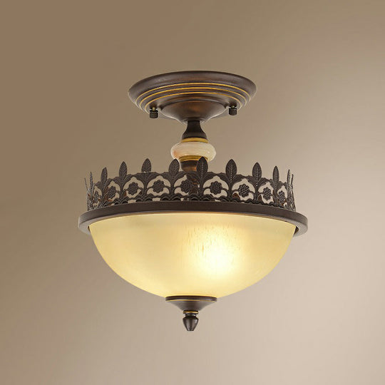 Vintage Brown Filigree Frame Flush Mount Ceiling Light With Frosted Glass Bowl / 11