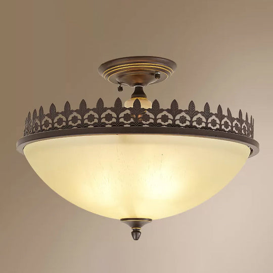 Vintage Brown Filigree Frame Flush Mount Ceiling Light With Frosted Glass Bowl / 18